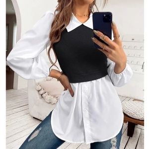 Solid Vest Over Shirt Button Detail Collar Blouse